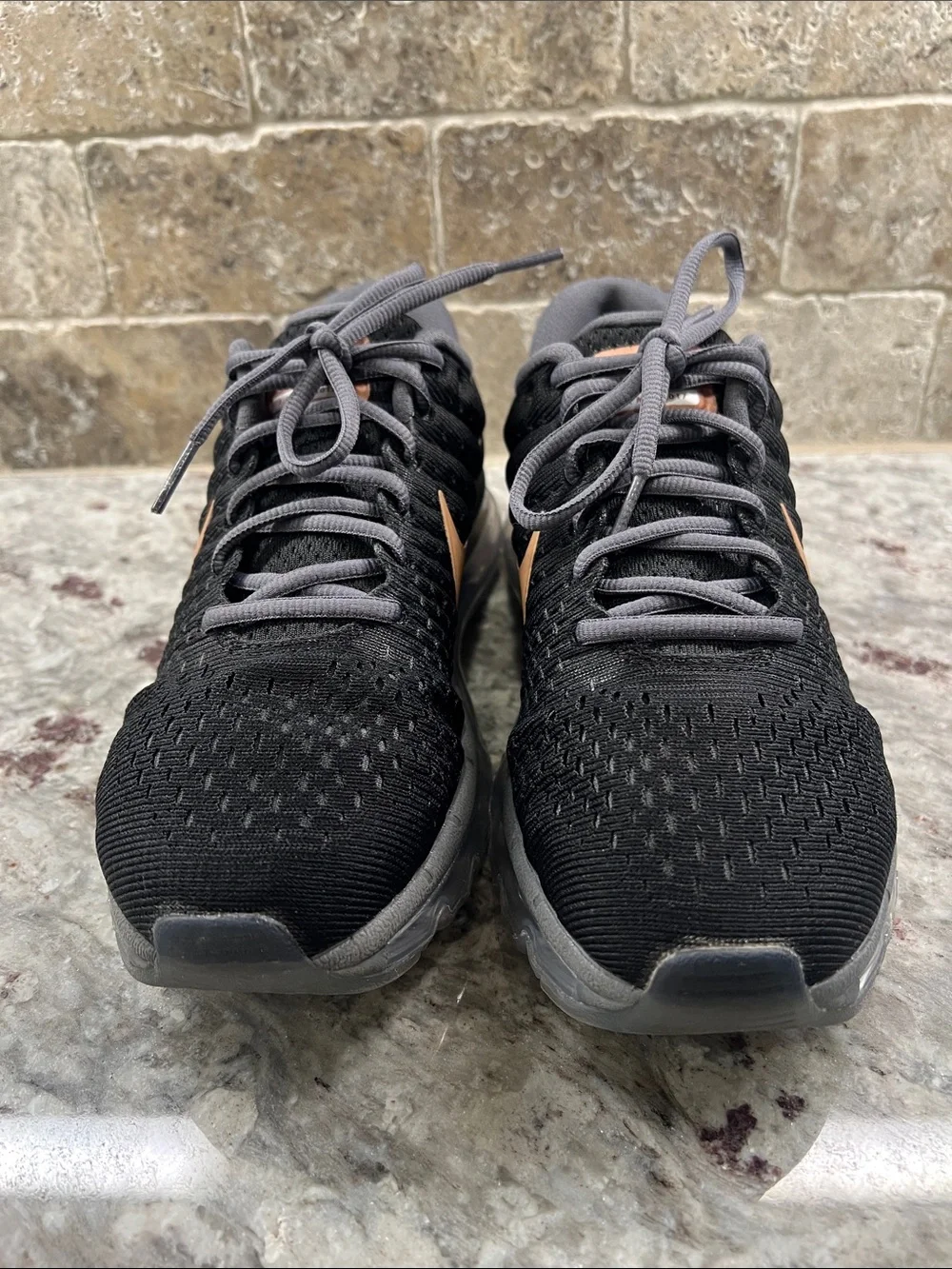 Ladies Nike Black Knit Athletic Shoe with Tan Swoosh